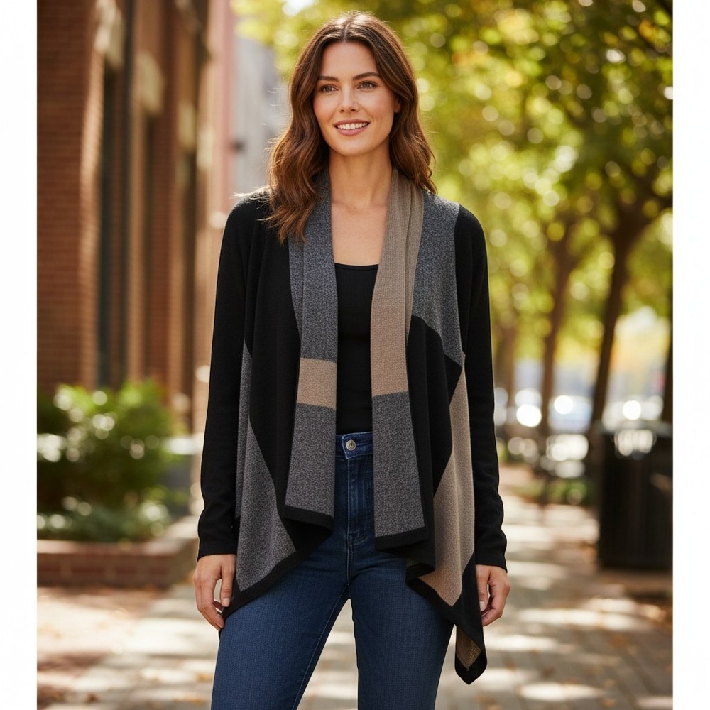 Peck & Peck Wool Cashmere Colorblock Open Front Draped Cardigan Sweater Large